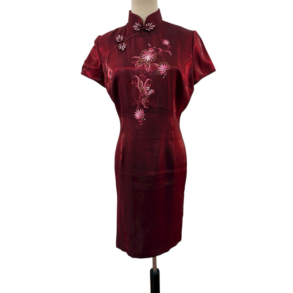 Vtg 90s Red Satin Cheongsam Dress Embroidered Whimsigoth Retro Sexy